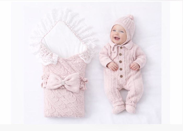 Set tricotat pentru bebeluși, Portbebe, salopetă, căciuliță și botoșei,  Roz pudrat , 0–3 luni, Colectie Lux [2]