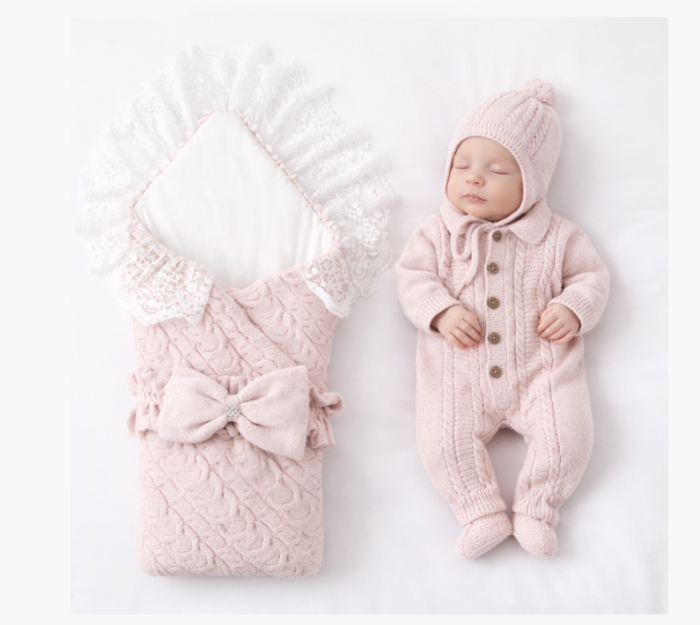Set tricotat pentru bebeluși, Portbebe, salopetă, căciuliță și botoșei,  Roz pudrat , 0–3 luni, Colectie Lux [2]