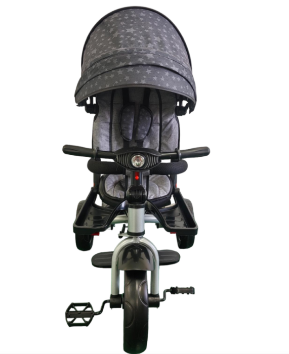 Tricicleta cu scaun reversibil Still, 6-36 luni, cu pozitie de somn, cadru aluminiu, roata plina, Gri cu stelute [5]
