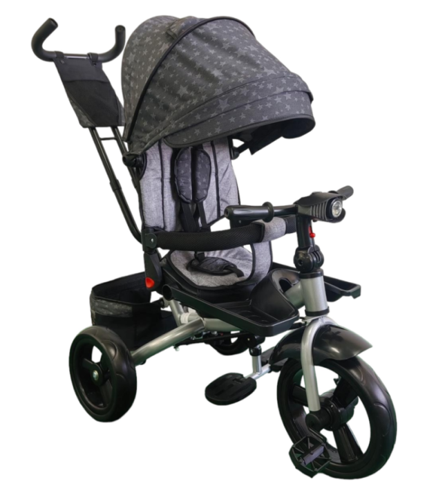 Tricicleta cu scaun reversibil Still, 6-36 luni, cu pozitie de somn, cadru aluminiu, roata plina, Gri cu stelute [4]