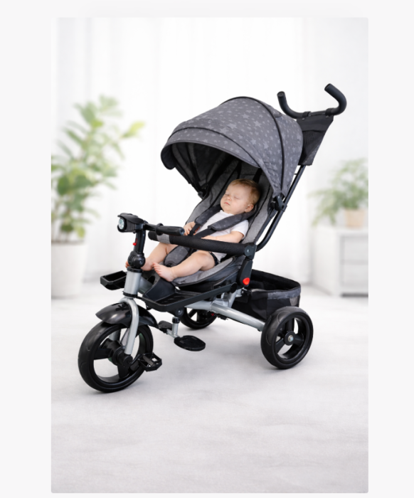 Tricicleta cu scaun reversibil Still, 6-36 luni, cu pozitie de somn, cadru aluminiu, roata plina, Gri cu stelute [2]