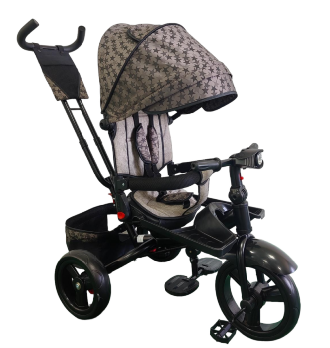 Tricicleta cu scaun reversibil Still, 6-36 luni, cu pozitie de somn, cadru aluminiu, roata plina, Bej cu stelute [4]