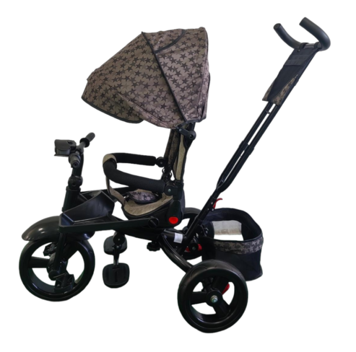 Tricicleta cu scaun reversibil Still, 6-36 luni, cu pozitie de somn, cadru aluminiu, roata plina, Bej cu stelute [5]