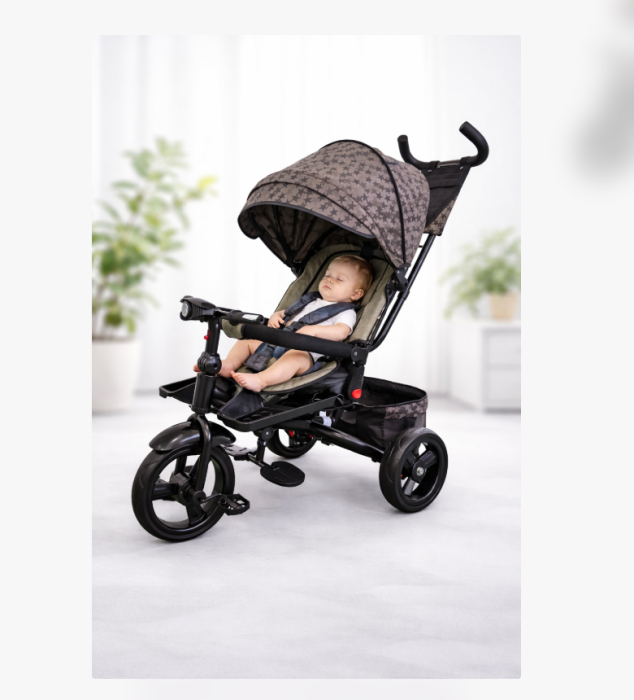 Tricicleta cu scaun reversibil Still, 6-36 luni, cu pozitie de somn, cadru aluminiu, roata plina, Bej cu stelute [2]