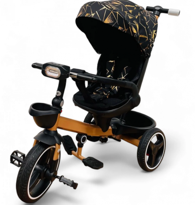 Tricicleta cu scaun reversibil Still, 6-36 luni, cu pozitie de somn, roata cauciuc, lumini si muzica, 8 luni-5 ani, Pliabila, Negru auriu [5]