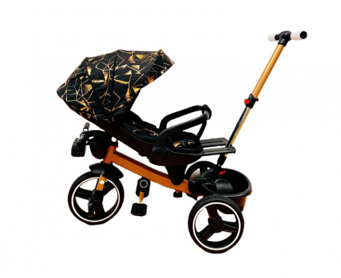 Tricicleta cu scaun reversibil Still, 6-36 luni, cu pozitie de somn, roata cauciuc, lumini si muzica, 8 luni-5 ani, Pliabila, Negru auriu [4]