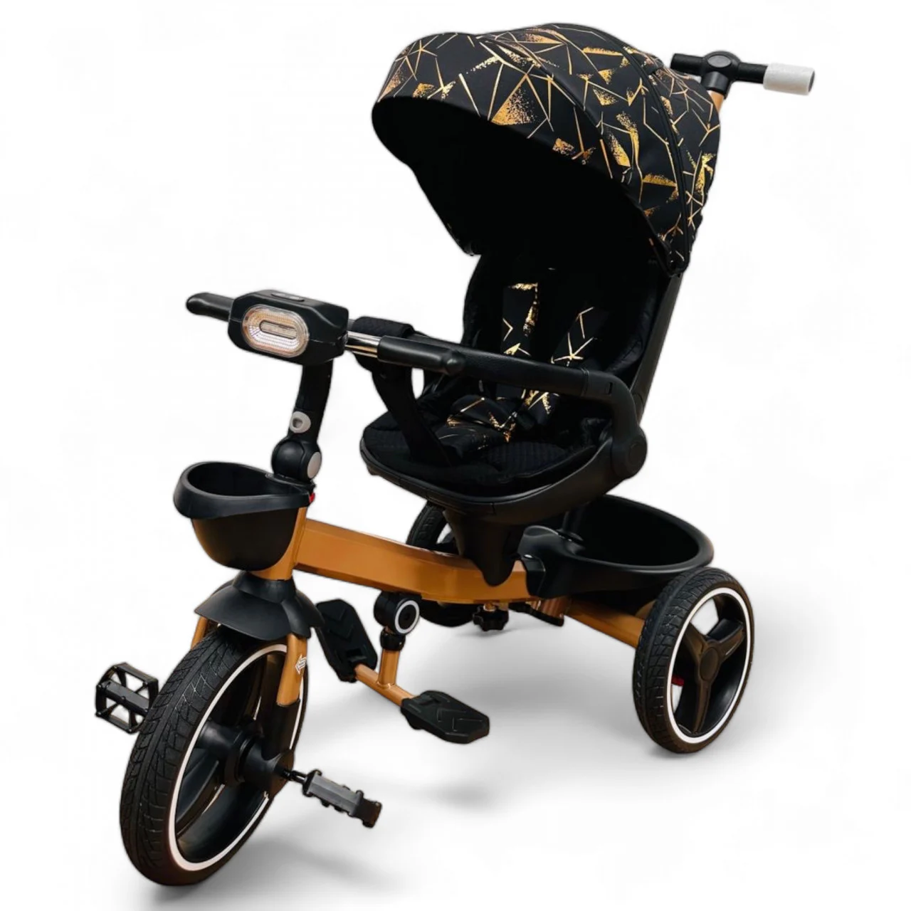 Tricicleta cu scaun reversibil Still, 6-36 luni, cu pozitie de somn, roata cauciuc, lumini si muzica, 8 luni-5 ani, Pliabila, Negru auriu [1]