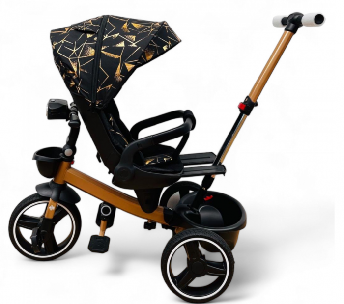 Tricicleta cu scaun reversibil Still, 6-36 luni, cu pozitie de somn, roata cauciuc, lumini si muzica, 8 luni-5 ani, Pliabila, Negru auriu [2]