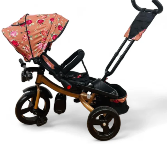 Tricicleta cu scaun reversibil Still, 6-36 luni, cu pozitie de somn, roata plina, Cadru auriu, Floral auriu [6]