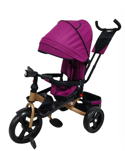 Tricicleta cu scaun reversibil Still, 6-36 luni, cu pozitie de somn, roata plina, Cadru auriu, Mov [5]