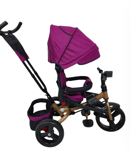 Tricicleta cu scaun reversibil Still, 6-36 luni, cu pozitie de somn, roata plina, Cadru auriu, Mov [2]