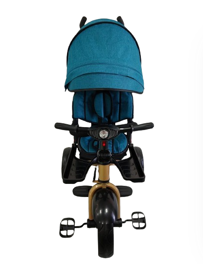 Tricicleta cu scaun reversibil Still, 6-36 luni, cu pozitie de somn, roata plina, Cadru auriu, Turcoaz/Negru [2]