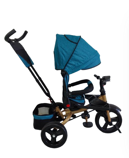 Tricicleta cu scaun reversibil Still, 6-36 luni, cu pozitie de somn, roata plina, Cadru auriu, Turcoaz/Negru [5]