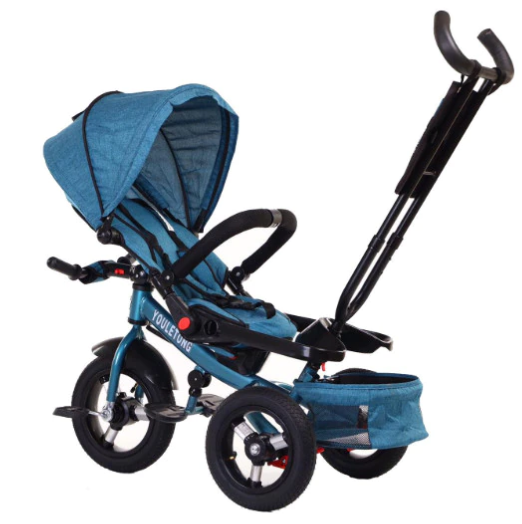 Tricicleta cu scaun reversibil Still, 6-36 luni, cu pozitie de somn, roata plina, Cadru auriu, Turcoaz/Negru [3]