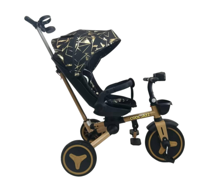 Tricicleta cu scaun reversibil Still, 6-36 luni, cu pozitie de somn si scaun tip fotoliu, pliabila, roata cauciuc, cu lumini si muzica, negru auriu [6]
