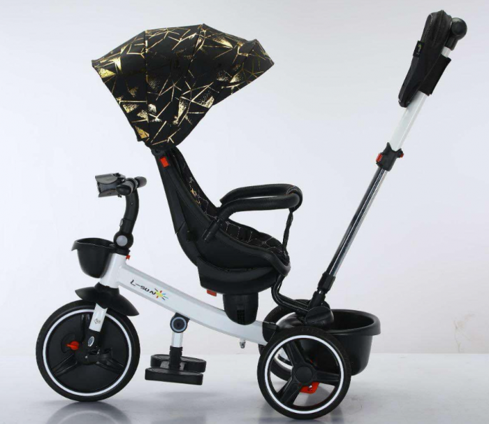 Tricicleta cu scaun reversibil Sun, 6-36 luni, cu pozitie de somn, Bubu-Still, sezut ergonomic tip scoica, roti cauciuc, maro auriu [5]