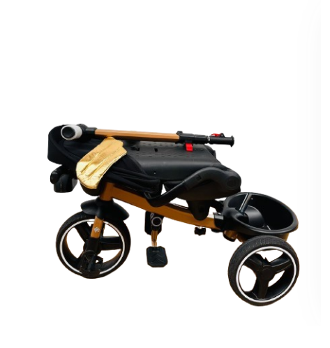 Tricicleta cu scaun reversibil Sun, 6-36 luni, cu pozitie de somn, Bubu-Still, sezut ergonomic tip scoica, roti Cauciuc, Negru auriu [6]