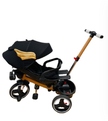 Tricicleta cu scaun reversibil Sun, 6-36 luni, cu pozitie de somn, Bubu-Still, sezut ergonomic tip scoica, roti cauciuc, Negru auriu, Tip motoccicleta [3]