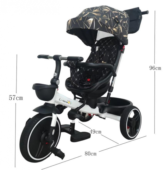 Tricicleta cu scaun reversibil Sun, 6-36 luni, cu pozitie de somn, Bubu-Still, sezut ergonomic tip scoica, roti cauciuc, maro auriu [7]