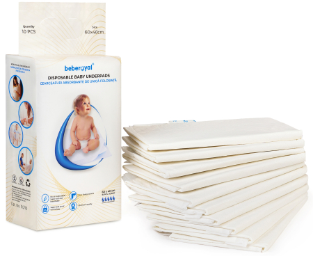 Scutece - Aleze Beberoyal Premium, 60 x 40 cm, 10 Bucăți - Impermeabile, Absorbție 1050ml, Fixare Autoadezivă, 6 straturi