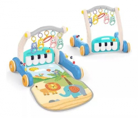 Covoras de joaca - Antemergator 3 in 1, saltea colorata si impermeabila, panou multimedia cu melodii, Cu bara cu jucarii senzoriale