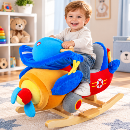 Pentru bebe - Balansoar pentru bebelusi, Avion, lemn + plus, 60x34x45 cm