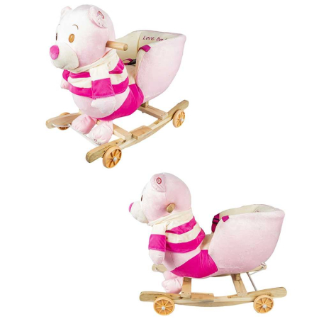 Balansoar pentru bebelusi, Ursulet, lemn + plus, cu rotile, roz, 55 cm [2]
