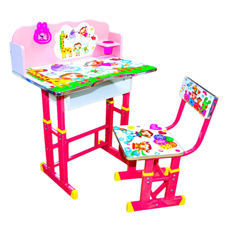 Mobilier camera copii - Birou + Scaunel, Reglabile/Desene/Roz/MDF+Metal