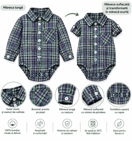 Bluze - Body cămașă pentru bebeluși, din bumbac de calitate, cu mâneci ajustabile, Albastru