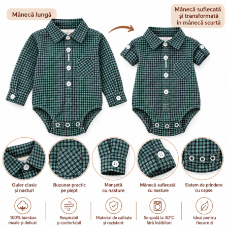 Bluze - Body cămașă pentru bebeluși, din bumbac de calitate, cu mâneci ajustabile, Verde crud