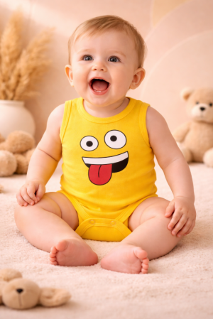 Haine bebe baietei - Body cu Imprimeu Emoji Zâmbitor, Bebe jucaus