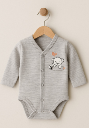 Body - Body cu manusa, nou nascut, 0-3 luni, Cu brodererie, Gri