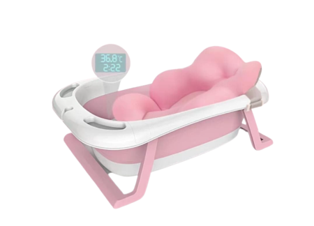 La baita - Cadita pliabila anatomica ,cu golire,cu termometru senzorial electronic si suport anatomic,suport pentru dus,Bubu-Still®,roz