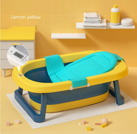 Cadita pliabila, cu termometru digital si pelicula interioara antiderapanta, suport pentru cap de dus, galben [1]