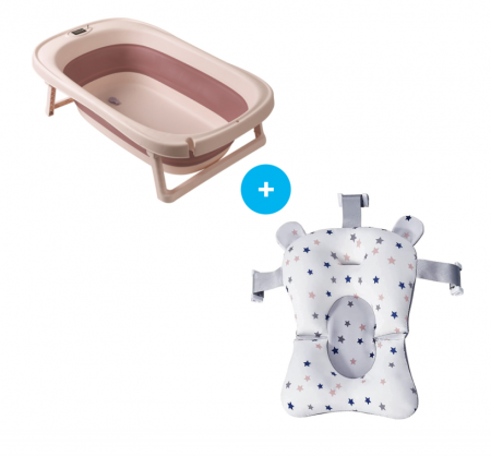 La baita - Set Cadita pliabila pentru bebelusi Beberoyal, cu termometru digital si dop de scurgere, Roz, 81cm CD-005-006 + Suport Textil Baie Bebelusi, Universal, Carlige prindere, Beberoyal