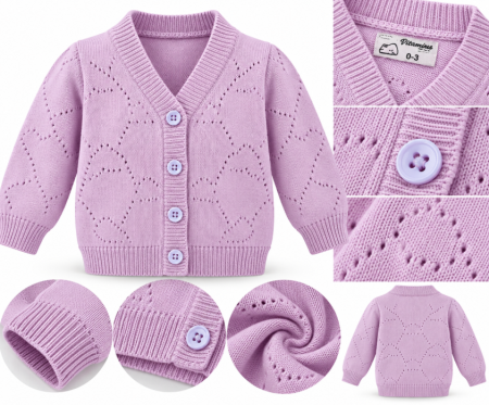 Bluze si pulovere - Cardigan tricotat pentru bebeluși – model elegant cu nasturi și imprimeu ajurat, Mov