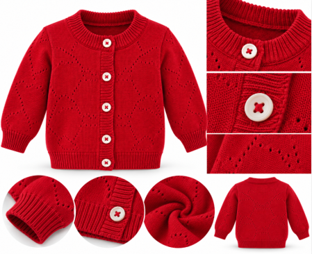Haine bebe fetite - Cardigan tricotat pentru bebeluși – model elegant cu nasturi și imprimeu ajurat, Rosu
