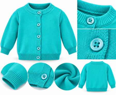 Haine bebe fetite - Cardigan tricotat pentru bebeluși – model elegant cu nasturi și imprimeu ajurat, Turcoaz