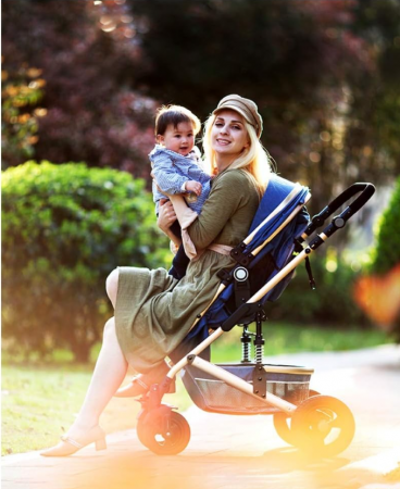 Carucior 2 in 1, Belecoo, cu maner protectie din piele, landou reversibil, geanta pentru accesorii, multifunctional, albastru [9]