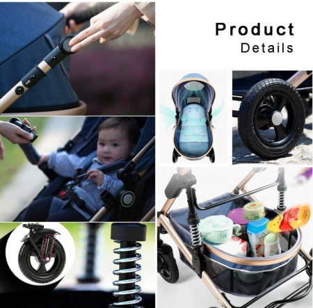 Carucior 2 in 1, Belecoo, cu maner protectie din piele, landou reversibil, geanta pentru accesorii, multifunctional, albastru [10]