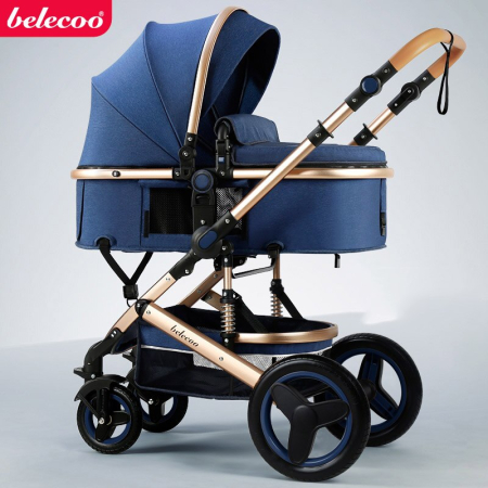 Carucior 2 in 1 - Carucior 2 in 1, Belecoo, cu maner protectie din piele, landou reversibil, geanta pentru accesorii, multifunctional, albastru
