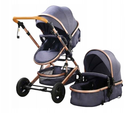 Carucior 2 in 1 - Carucior 2 in 1, Belecoo, cu maner protectie din piele, landou reversibil, geanta pentru accesorii, multifunctional, albastru intens