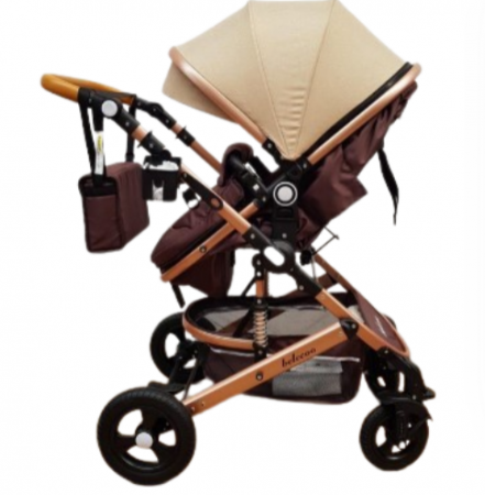 Carucior 2 in 1, Belecoo, cu maner protectie din piele, landou reversibil, geanta pentru accesorii, multifunctional, bej bicolor [2]