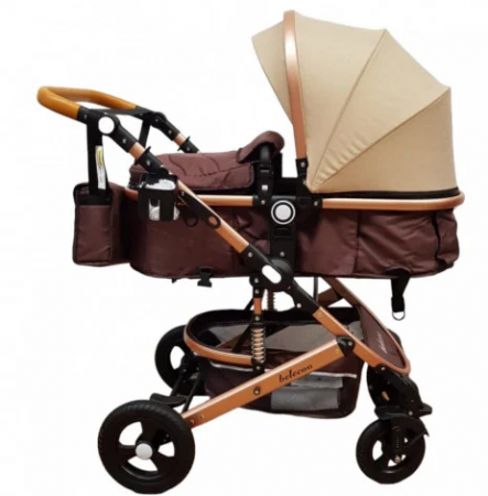 Carucior 2 in 1, Belecoo, cu maner protectie din piele ,landou reversibil, geanta pentru accesorii, multifunctional, bicolor bej [11]