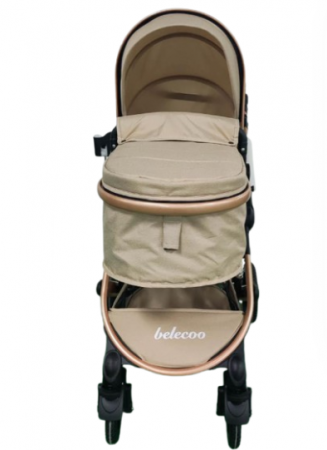 Carucior 2 in 1, Belecoo, cu maner protectie din piele, landou reversibil, geanta pentru accesorii, cu suspensii, multifunctional, bicolor bej Coffe [3]