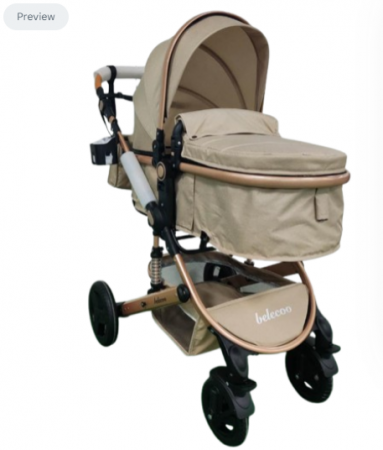 Carucior 2 in 1, Belecoo, cu maner protectie din piele, landou reversibil, geanta pentru accesorii, cu suspensii, multifunctional, bicolor bej Coffe [2]