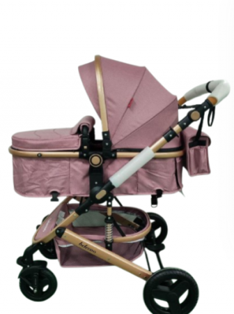 Carucior 2 in 1, Belecoo, cu maner protectie din piele ,landou reversibil, geanta pentru accesorii, multifunctional, Roz pudra [2]