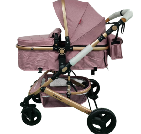 Carucior 2 in 1, Belecoo, cu maner protectie din piele ,landou reversibil, geanta pentru accesorii, multifunctional, Roz pudra [6]