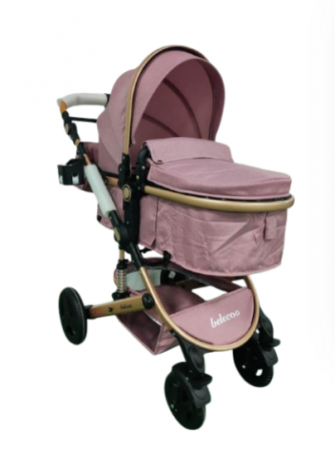 Carucior 2 in 1, Belecoo, cu maner protectie din piele ,landou reversibil, geanta pentru accesorii, multifunctional, Roz pudra [1]