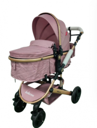 Carucior 2 in 1, Belecoo, cu maner protectie din piele ,landou reversibil, geanta pentru accesorii, multifunctional, Roz pudra [4]